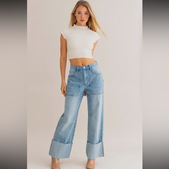 BOUTIQUE High Waist Wide Leg Cuff Jeans - Picture 6 of 7